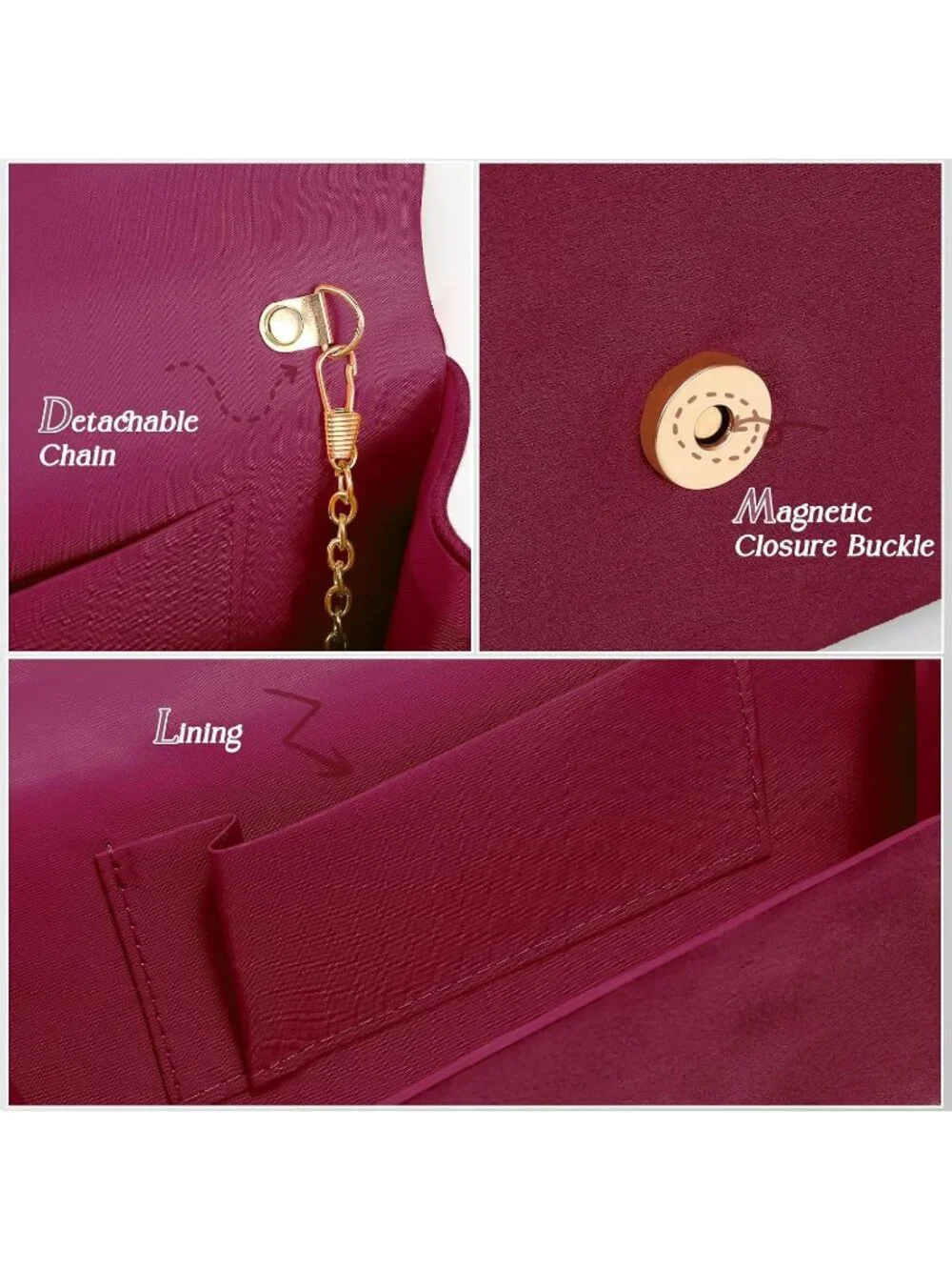 Women’s Burgundy Formal Clutch Purse Elegant Evening Bag Detachable Chain Strap